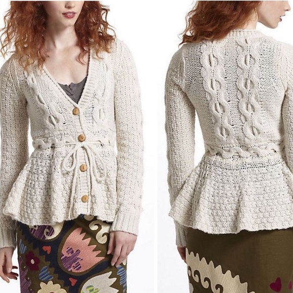 Anthropologie Sparrow Stitchy Peplum Cardigan Tie Waist Wool Blend Sweater - Picture 5 of 14